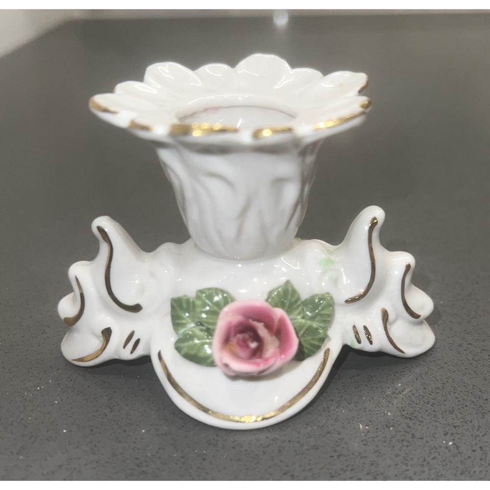 Vintage Dresden Porcelain Candle Holder with Pink Rose & Gold Trim– Crown N Mark